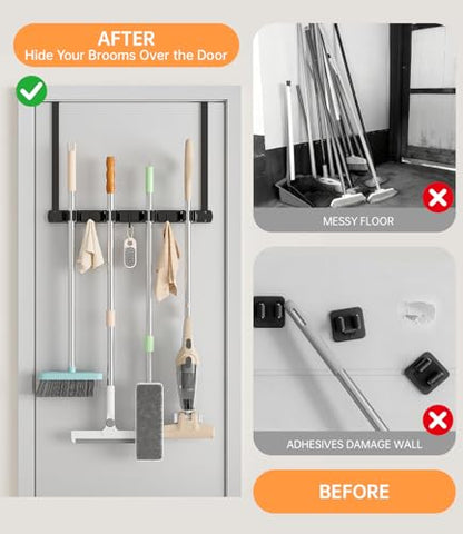 Broom Holder Over The Door with Hooks