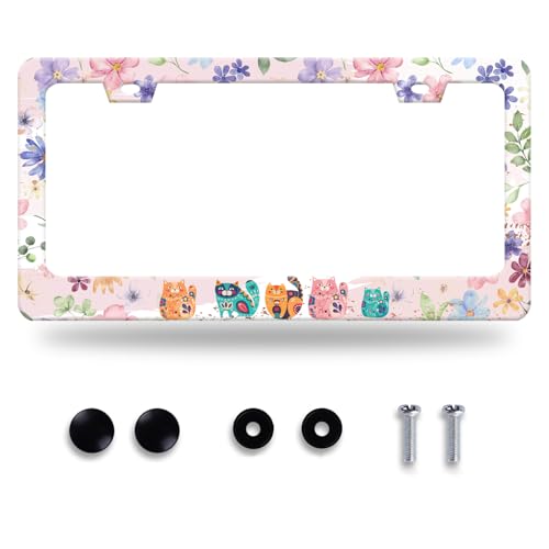 Cat Flowers License Plate Frame Stainless Steel Accessory 12.3x6.3 Inch