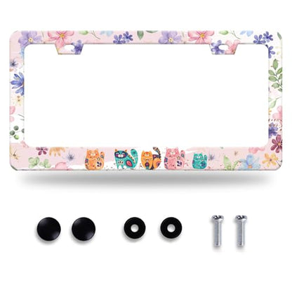 Cat Flowers License Plate Frame Stainless Steel Accessory 12.3x6.3 Inch