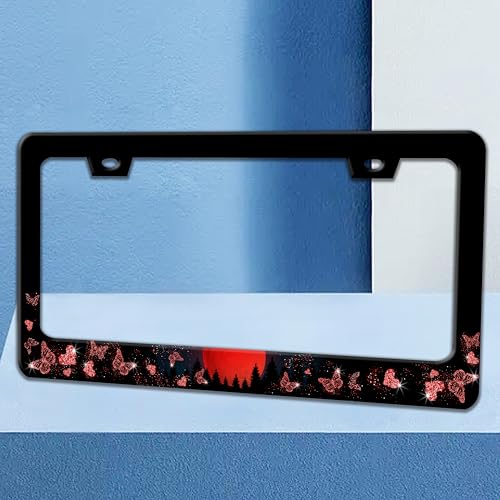 Red Moon Butterfly License Plate Frame Stainless Steel Material 6x12 Inch