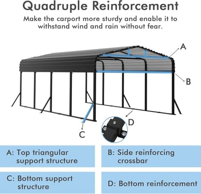 12x20 FT Metal Carport with Extra 6 Side Reinforcement Support Rods (1012 Cubic Feet)