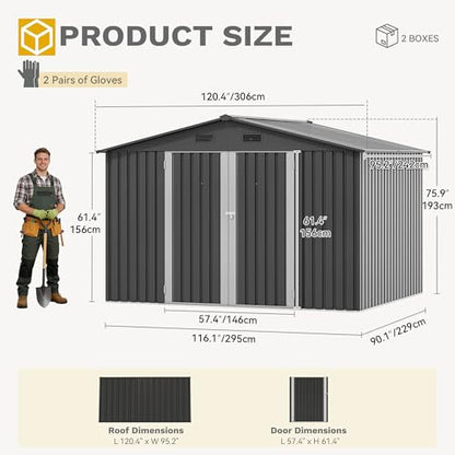 10x8FT Outdoor Storage Shed with Lockable Doors & Ventilation