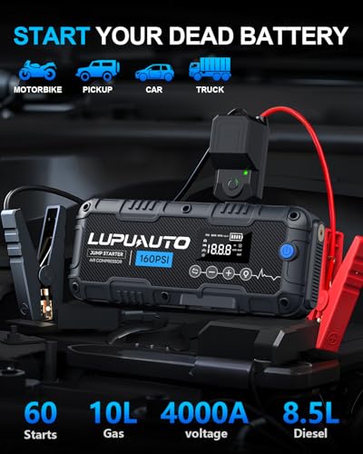 4000A Jump Starter with 160PSI Air Compressor 12V Battery Booster LED Pack