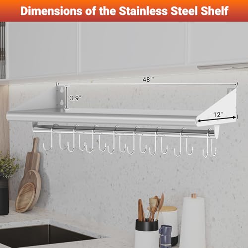 12" x 48" Stainless Steel Shelf Wall Mounted with 8 Hooks