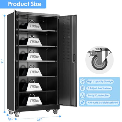 Black Metal Garage Storage Cabinet with Wheels