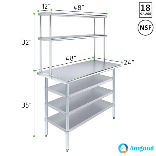 24" x 48" Stainless Steel Work Table with 3 Shelves and 12" Wide Double Tier Overshelf