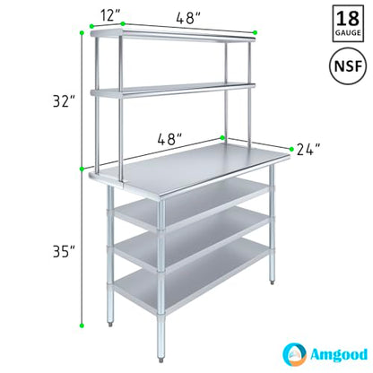 24" x 48" Stainless Steel Work Table with 3 Shelves and 12" Wide Double Tier Overshelf