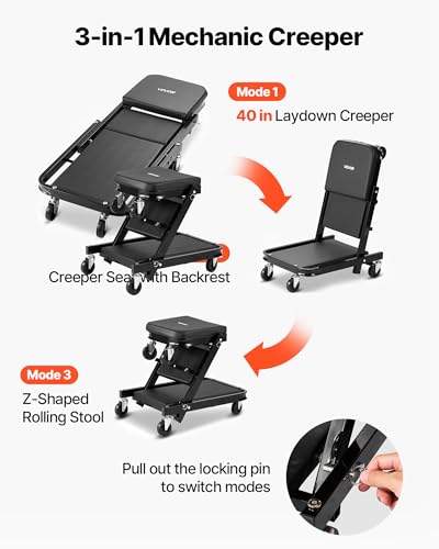 40 in 3-in-1 Folding Mechanic Creeper, Heavy Duty Z-Creeper Garage Roller, 480 lbs Under Car Rolling Creeper with 6 Swivel Casters, Padded Seat for Auto Repair