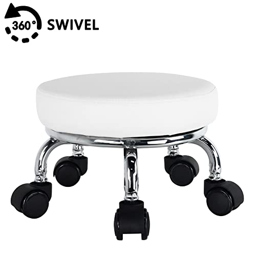 Modern Roller Seat PU Leather Low Round Rolling Stool 360° Swivel Small Seat with Universal Wheels Foot Stool for Home Office Garage Shop Fitness Sport H：8.6" （White）