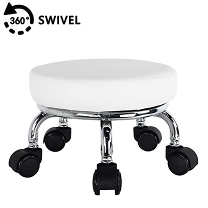 Modern Roller Seat PU Leather Low Round Rolling Stool 360° Swivel Small Seat with Universal Wheels Foot Stool for Home Office Garage Shop Fitness Sport H：8.6" （White）