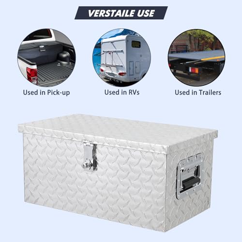 20 Inch Heavy Duty Aluminum Diamond Plate Tool Box Pick Up Truck Bed RV Trailer Toolbox Waterproof Square Storage Organizer with Side Handle