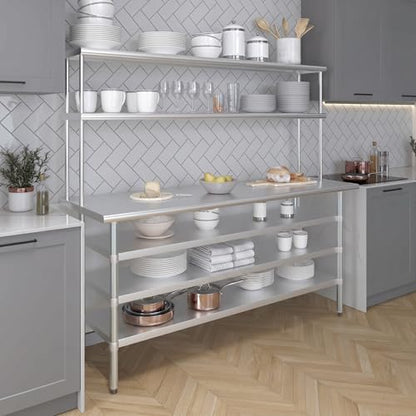 24" x 72" Stainless Steel Work Table with 3 Shelves and 12" Wide Double Tier Overshelf