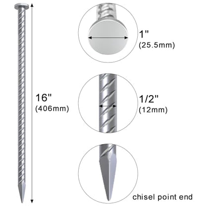 Rebar Stakes 16 Inch Galvanized Metal Steel Ground Spikes Heavy Duty (24 Count)