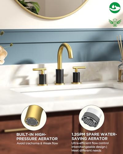 Bathroom Sink Faucet 3 Hole Black and Gold 8 Inch Widespread