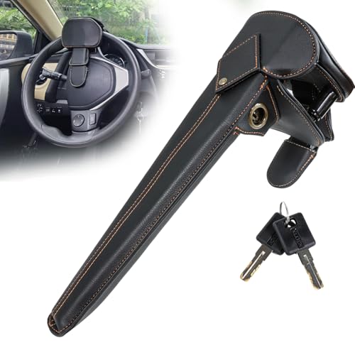 Leather Car Steering Wheel Lock Anti Theft Device Adjustable Length Fit for Cars Trucks Vans and SUVs with 2 Keys Leather Cover & Reinforced Steel Core Scratch