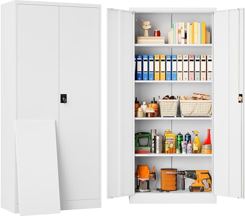 White Metal Storage Cabinet with Adjustable Shelves