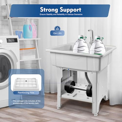 Freestanding Utility Sink Plastic Laundry Tub Spacious Sink with Storage Shelf Indoor Outdoor Wash Station for Bathroom Washing Room