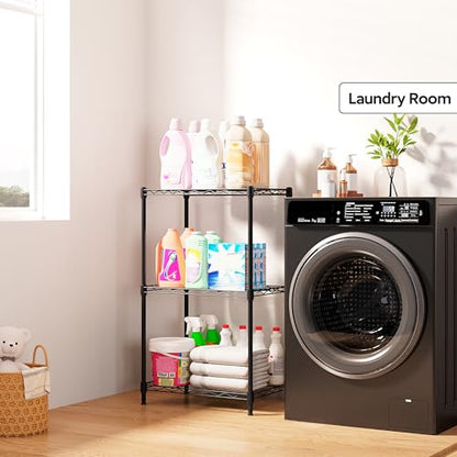 3 Tiers Shelf Metal Storage Shelves Wire Rack Closet Organizers with Wheel for Garage Kitchen Bathroom Laundry Black 11.8" D x 17.7" W x 28.8" H (3 Count)