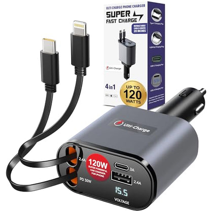 Ulti Charge iPhone Car Charger USB C Fast Charge Retractable 120W 4