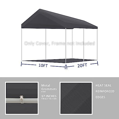 10' x 20' Upgraded Carport Replacement Canopy Cover Grey for Car Garage Shelter Party Tent Top Tarp with Ball Bungees