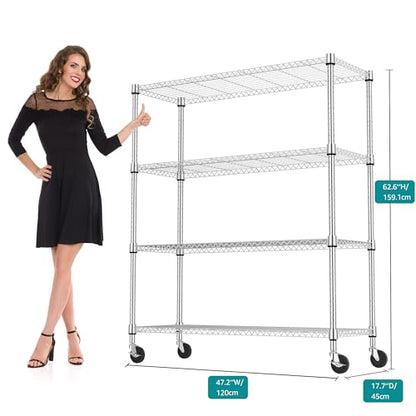 1400LBS 47.2" W 4 Tiers Storage Shelves Metal Shelving Unit with Wheels Heavy Duty Garage Shelving Adjustable Wire Shelves for Pantry