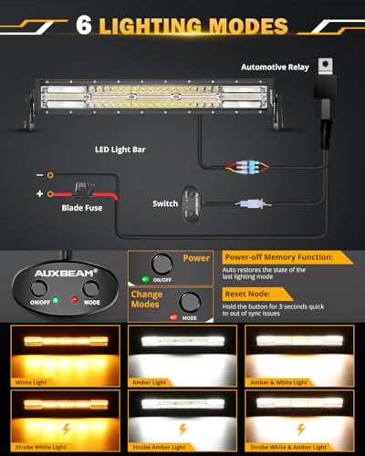 22 Inch LED Light Bar 6 Modes Amber White Strobe Off Road Lights