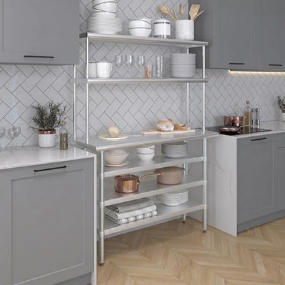 18" x 48" Stainless Steel Work Table with 3 Shelves and 12" Wide Double Tier Overshelf