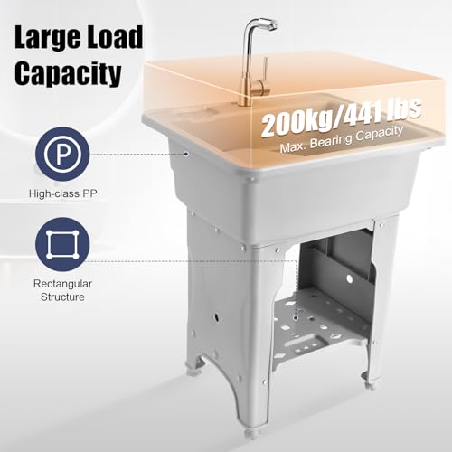 Freestanding Utility Sink Plastic Wash Station with Storage Shelf Indoor