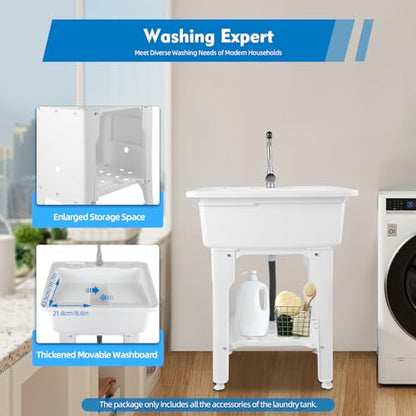 Freestanding Utility Sink Plastic Laundry Sink Spacious Laundry Tub Sink with Storage Shelf Indoor Outdoor Slop Sink Wash Station for Bathroom Laundry Washing Room