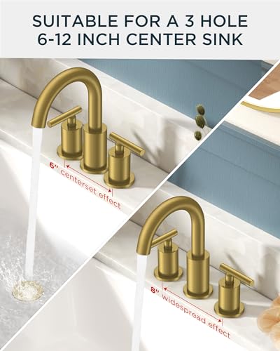Bathroom Sink Faucet 3 Hole Brushed Gold 8 Inch Widespread 2 Pack