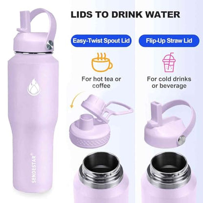 32oz Water Bottle Wide Mouth Stainless Steel Vacuum Insulated Double Wall with 2 Straw Lids Fit in Any Car Cup Holder