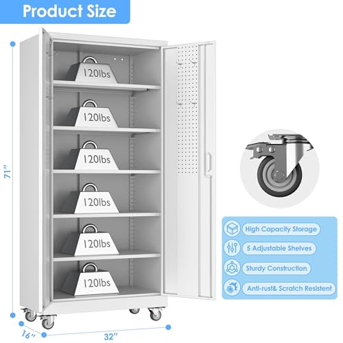 71" White Metal Storage Cabinet with Wheels