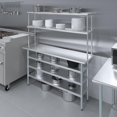 18" x 60" Stainless Steel Work Table with 3 Shelves and 12" Wide Double Tier Overshelf