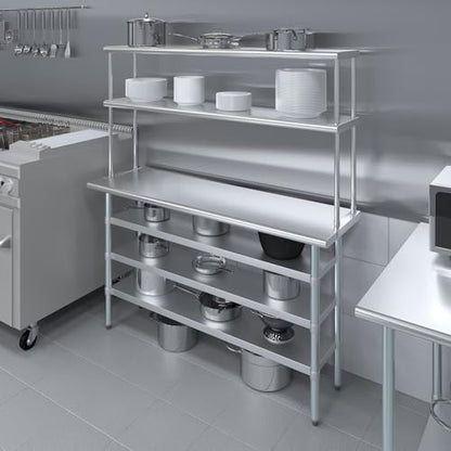 18" x 60" Stainless Steel Work Table with 3 Shelves and 12" Wide Double Tier Overshelf
