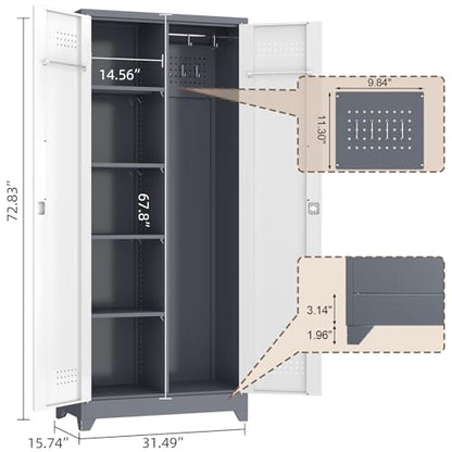 72'' Metal Utility Storage Cabinet with Pegboard & Tool Hanging Bars
