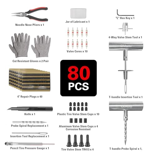 80 pcs Universal Tire Repair Kit with Plugs Heavy Duty Professional