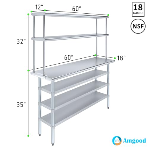 18" x 60" Stainless Steel Work Table with 3 Shelves and 12" Wide Double Tier Overshelf