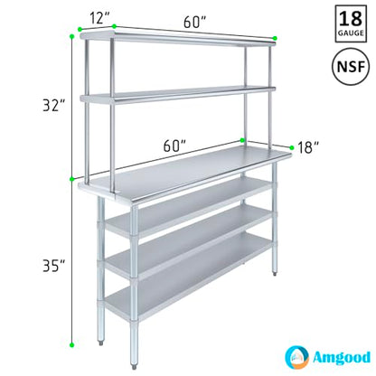 18" x 60" Stainless Steel Work Table with 3 Shelves and 12" Wide Double Tier Overshelf
