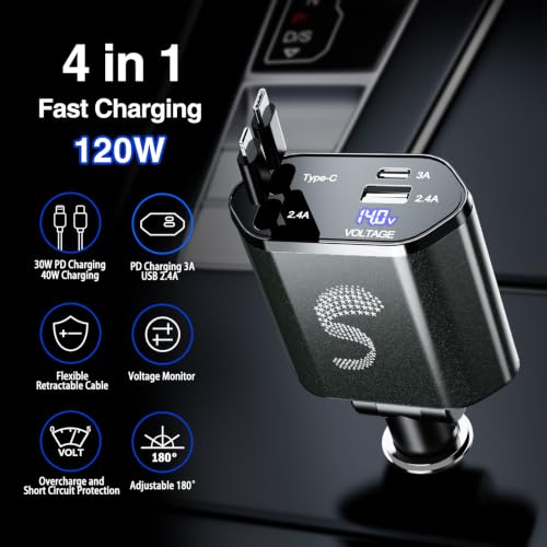 Retractable Car Charger USB C Fast Charging 120W