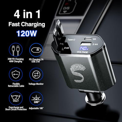Retractable Car Charger USB C Fast Charging 120W