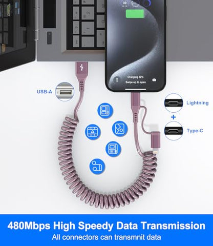 USB to USB C and Lightning Pink Car Charger Cable