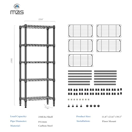 1250 lbs 5 Tier Shelf Metal Storage Shelves Wire Rack Closet Organizers for Garage Kitchen Bathroom Laundry Black 11.8" D x 23.6" W x 59.5" H (5 Count)