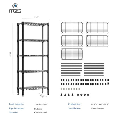 1250 lbs 5 Tier Shelf Metal Storage Shelves Wire Rack Closet Organizers for Garage Kitchen Bathroom Laundry Black 11.8" D x 23.6" W x 59.5" H (5 Count)