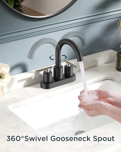 Bathroom Sink Faucet 3 Hole Black and Silver 4 Inch Centerset