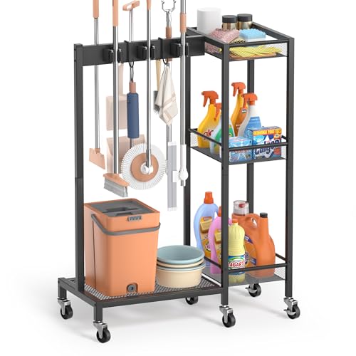 Broom Holder with Cleaning Supplies Organizer