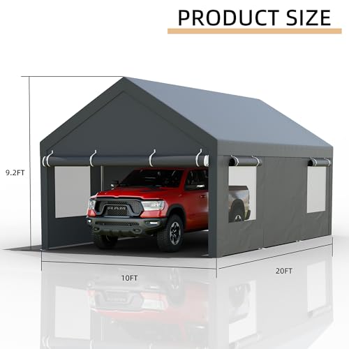 JY QAQA 10x20 FT Heavy Duty Carport with Removable Side Walls and Doors