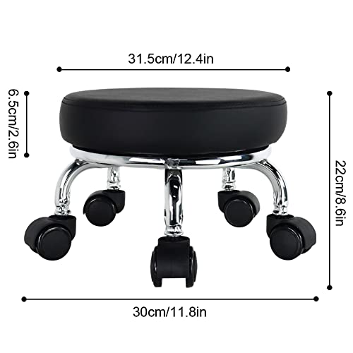 Modern Roller Seat PU Leather Low Round Rolling Stool 360° Swivel Small Seat with Universal Wheels Foot Stool for Home Office Garage Shop Fitness Sport H：8.6" （Black）