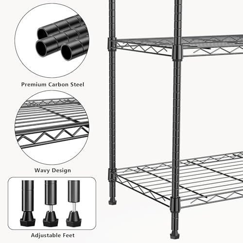 1250 lbs 5 Tier Shelf Metal Storage Shelves Wire Rack Closet Organizers with Wheel for Garage Kitchen Bathroom Laundry Black 13.7" D x 23.6" W x 62.4" H (5 Count)