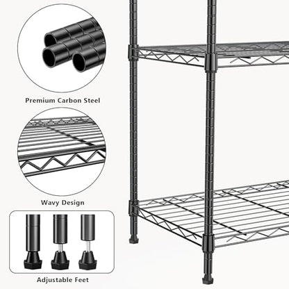 1000 lbs 4Tier Shelf Metal Storage Shelves Wire Rack Closet Organizers with Wheel for Garage Kitchen Bathroom Laundry Black 13.7" D x 23.6" W x 53.4" H (4 Count)