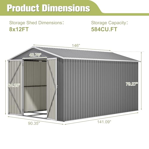 8x12 Ft Large Metal Outdoor Storage Shed with Floor Frame & Lock